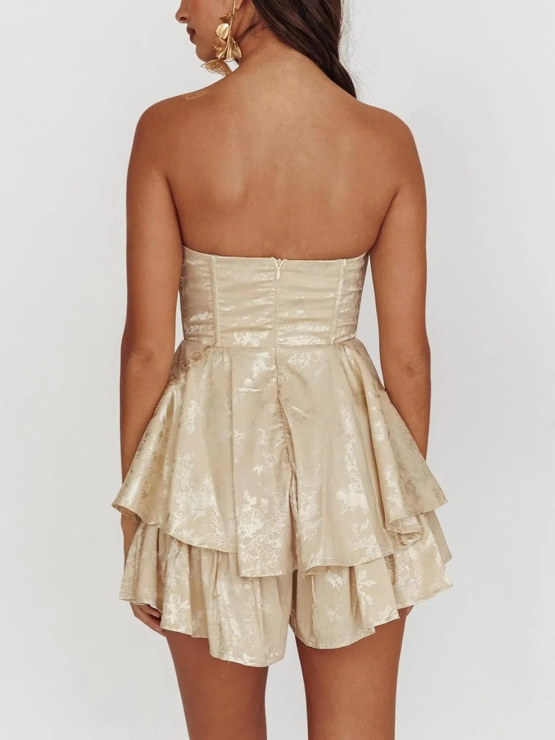 Women Y2k Satin Mini Dress Strapless Tube Short Dress Ruffle Flowy Mini Dress Going Out Party Clubwear