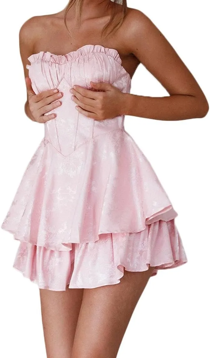 Women Y2k Satin Mini Dress Strapless Tube Short Dress Ruffle Flowy Mini Dress Going Out Party Clubwear