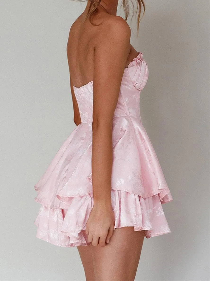 Women Y2k Satin Mini Dress Strapless Tube Short Dress Ruffle Flowy Mini Dress Going Out Party Clubwear