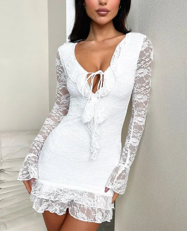 Women Y2k Sexy Lace Long Sleeve Mini Dress Ruffle Trim Bodycon Dress Floral Lace Short Dress V Neck Party Club Dress