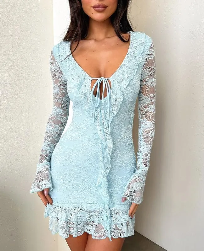 Women Y2k Sexy Lace Long Sleeve Mini Dress Ruffle Trim Bodycon Dress Floral Lace Short Dress V Neck Party Club Dress