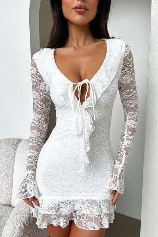 Women Y2k Sexy Lace Long Sleeve Mini Dress Ruffle Trim Bodycon Dress Floral Lace Short Dress V Neck Party Club Dress