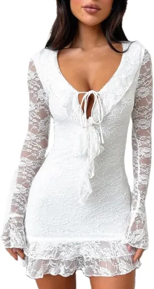 Women Y2k Sexy Lace Long Sleeve Mini Dress Ruffle Trim Bodycon Dress Floral Lace Short Dress V Neck Party Club Dress