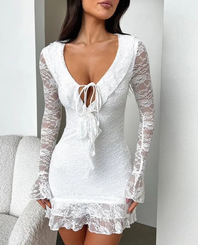 Women Y2k Sexy Lace Long Sleeve Mini Dress Ruffle Trim Bodycon Dress Floral Lace Short Dress V Neck Party Club Dress