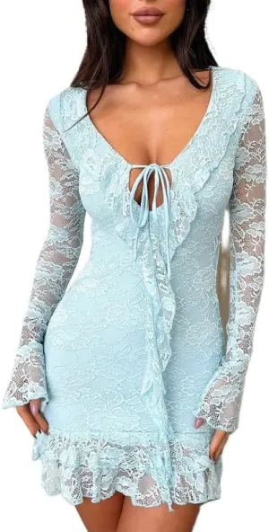 Women Y2k Sexy Lace Long Sleeve Mini Dress Ruffle Trim Bodycon Dress Floral Lace Short Dress V Neck Party Club Dress