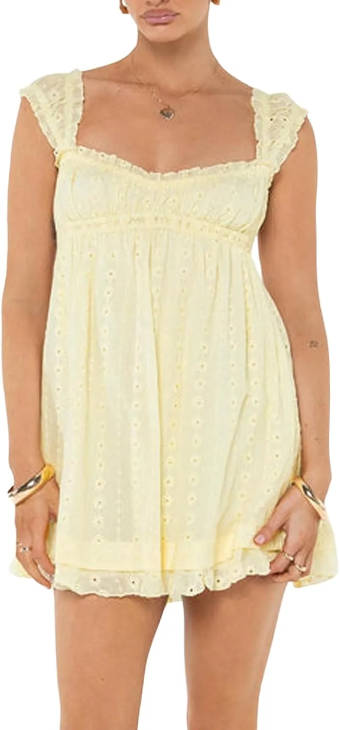 Women Y2k Tie Shoulder Mini Dress Floral Sleeveless Bodycon A-Line Dress Ruffle Beach Dress 2025 Summer Sundresses