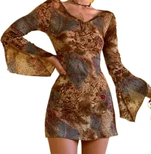 Women Y2K Vintage Print Dress Flare Sleeve Ruffles V Neck Sheath Dress Harajuku Bodycon Mini Dress Club