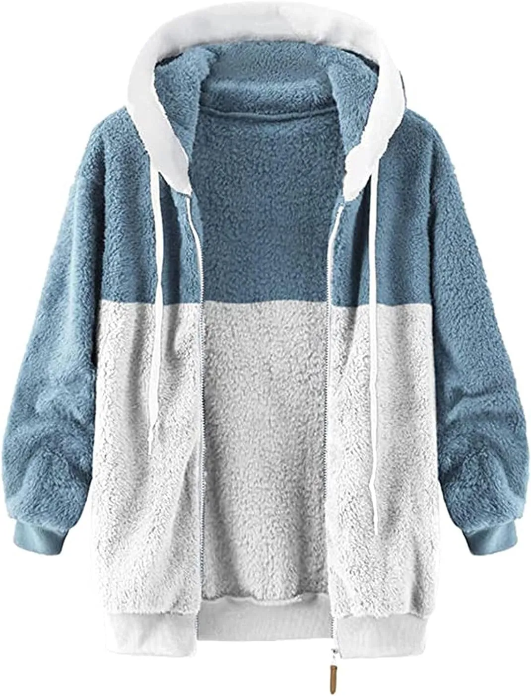 Womens 2023 Winter Fuzzy Fleece Jacket Hooded Color Block Patchwork Cardigan Coats