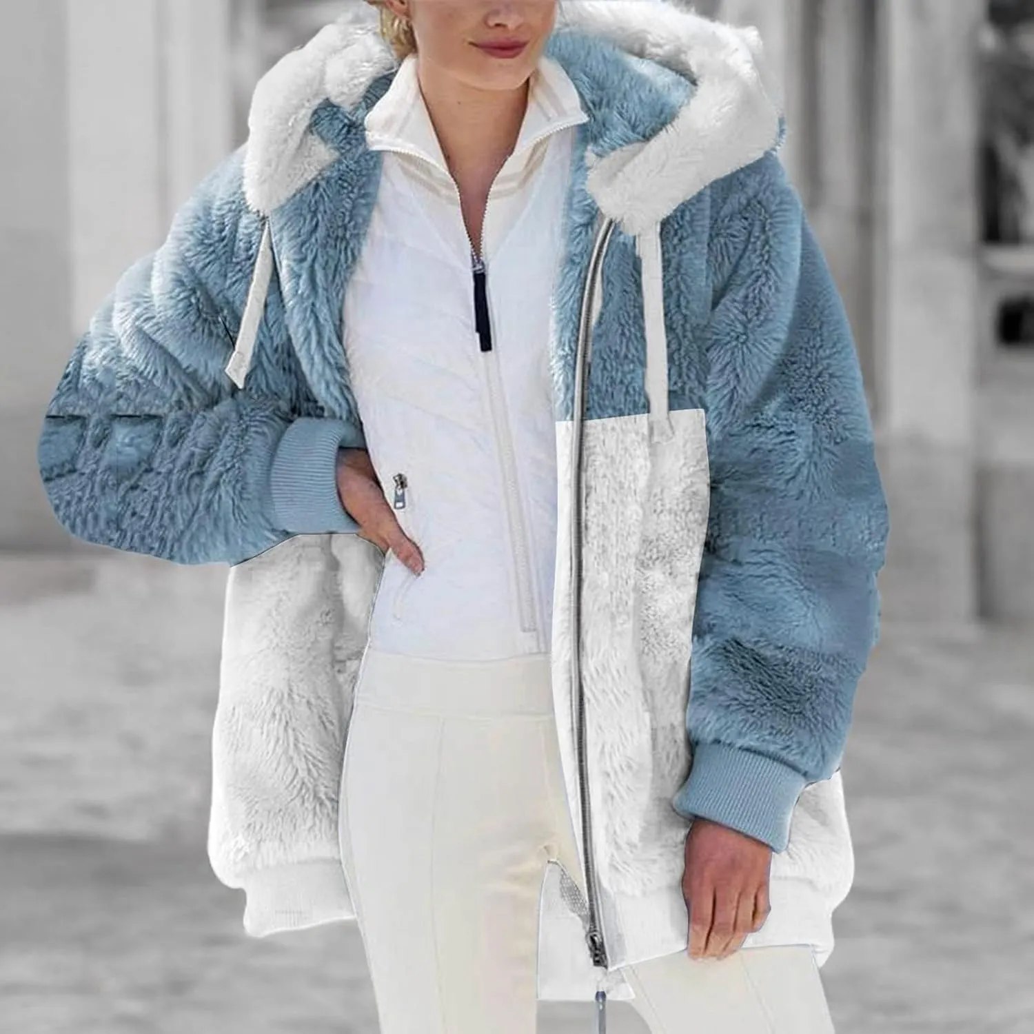 Womens 2023 Winter Fuzzy Fleece Jacket Hooded Color Block Patchwork Cardigan Coats