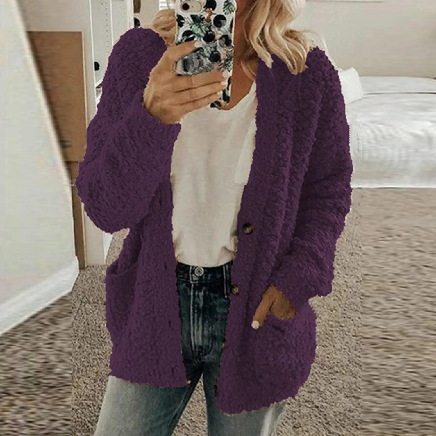 Womens 2024 Casual Solid Fleece Coat Long Sleeve Warm Outwear Button Oversized Fit Overcoat Home Outdoor Winter Clothes