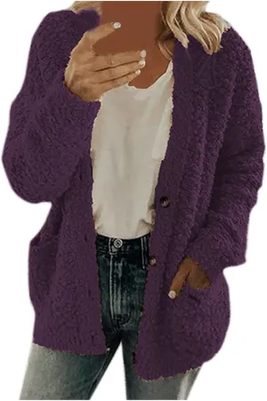 Womens 2024 Casual Solid Fleece Coat Long Sleeve Warm Outwear Button Oversized Fit Overcoat Home Outdoor Winter Clothes
