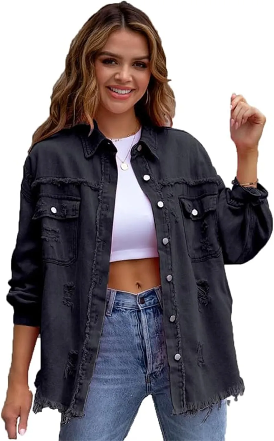 Womens 2024 Denim Long Sleeve Button Jacket,Casual Fashion Denim Jacket Jacket,Ripped Fringe Jean Jacket
