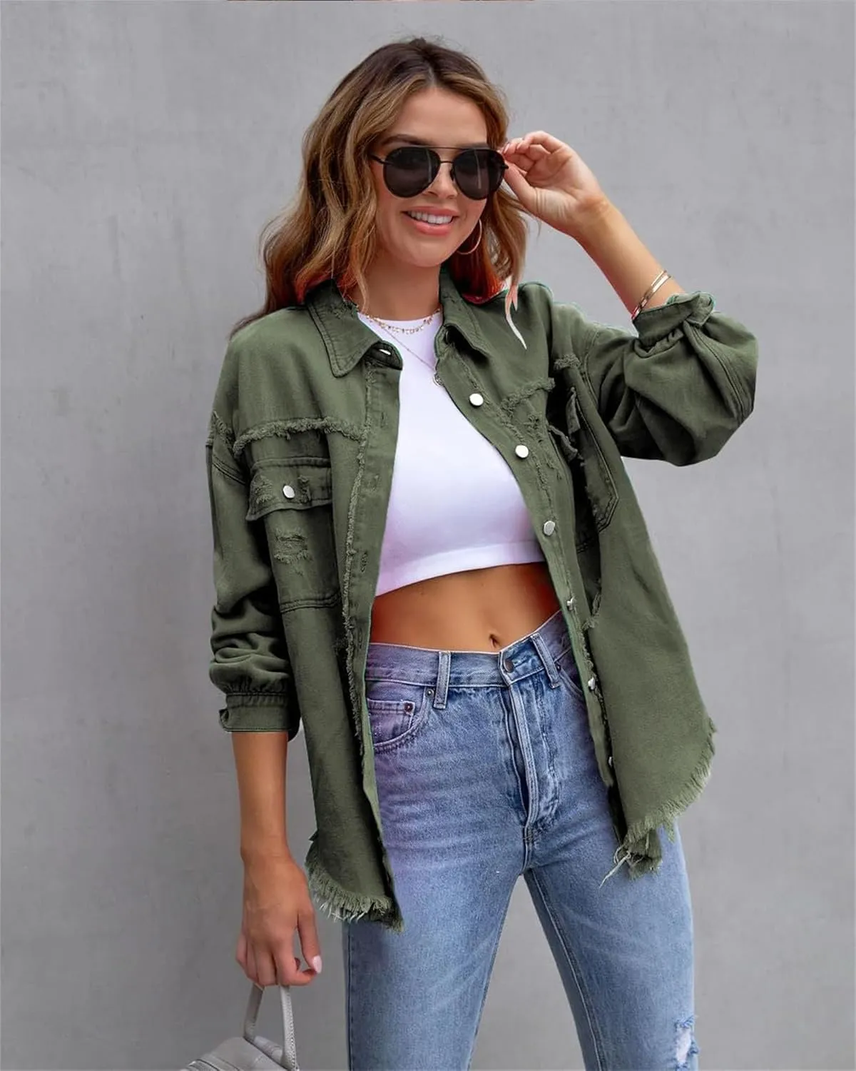Womens 2024 Denim Long Sleeve Button Jacket,Casual Fashion Denim Jacket Jacket,Ripped Fringe Jean Jacket