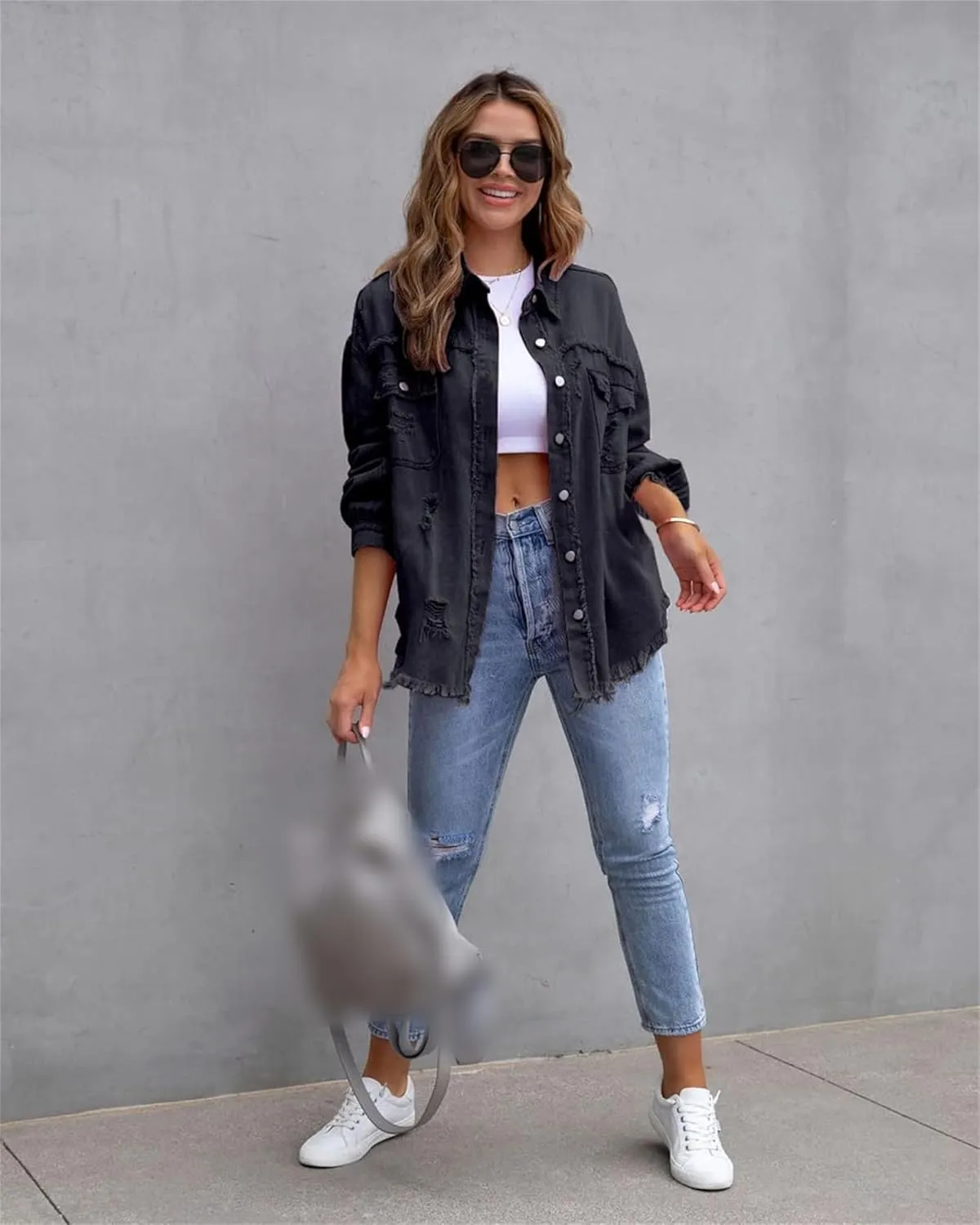 Womens 2024 Denim Long Sleeve Button Jacket,Casual Fashion Denim Jacket Jacket,Ripped Fringe Jean Jacket