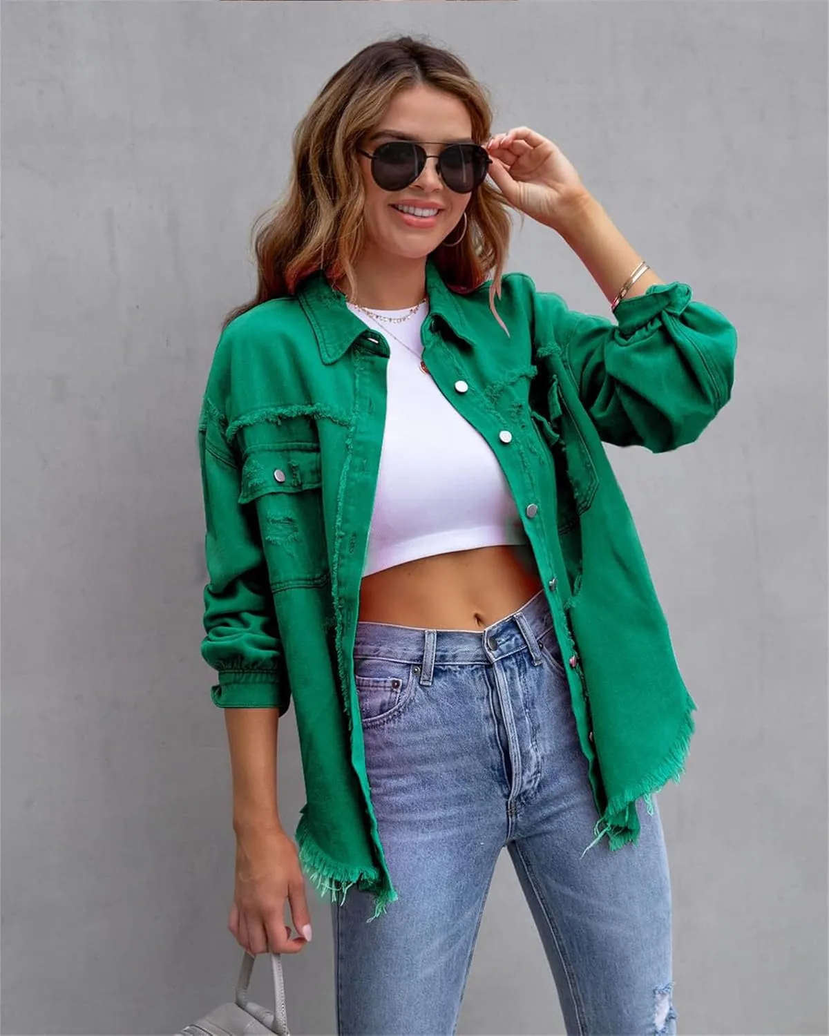 Womens 2024 Denim Long Sleeve Button Jacket,Casual Fashion Denim Jacket Jacket,Ripped Fringe Jean Jacket