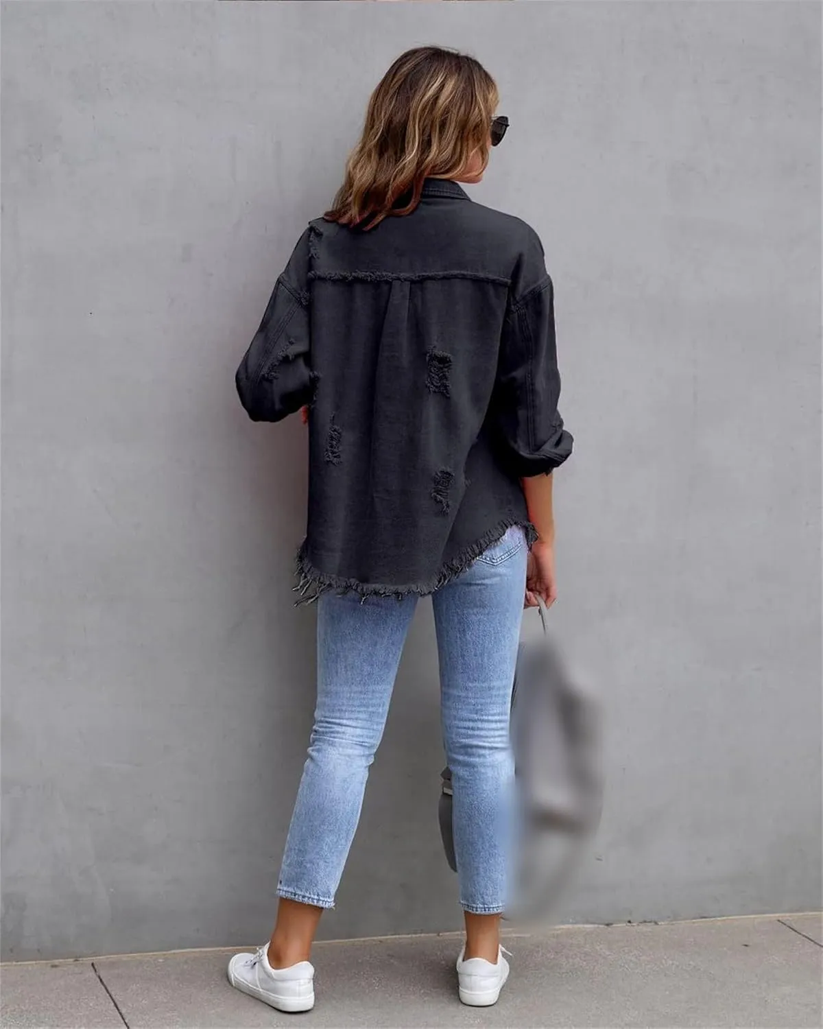 Womens 2024 Denim Long Sleeve Button Jacket,Casual Fashion Denim Jacket Jacket,Ripped Fringe Jean Jacket