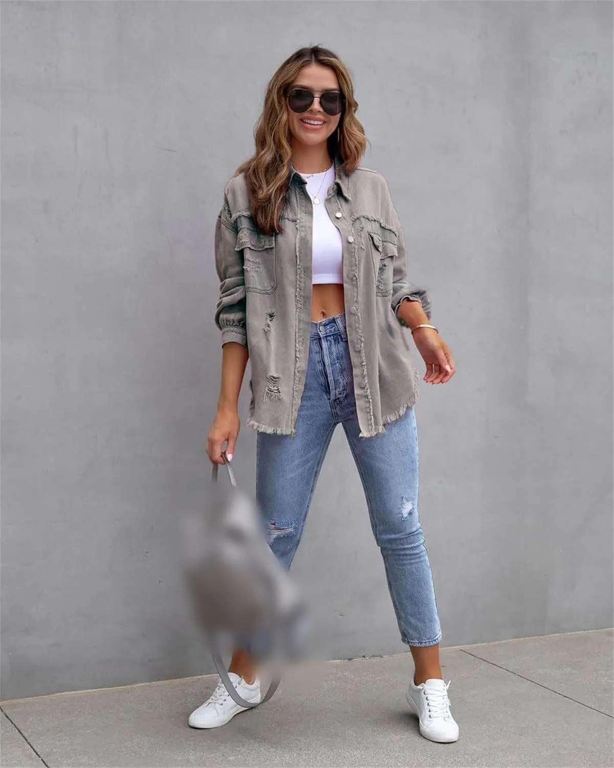 Womens 2024 Denim Long Sleeve Button Jacket,Casual Fashion Denim Jacket Jacket,Ripped Fringe Jean Jacket