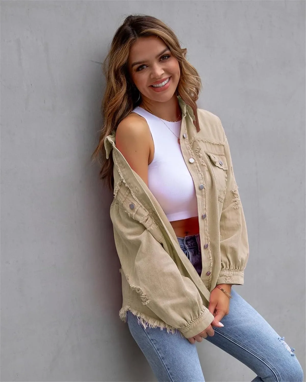 Womens 2024 Denim Long Sleeve Button Jacket,Casual Fashion Denim Jacket Jacket,Ripped Fringe Jean Jacket