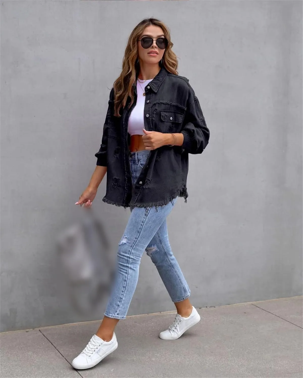Womens 2024 Denim Long Sleeve Button Jacket,Casual Fashion Denim Jacket Jacket,Ripped Fringe Jean Jacket