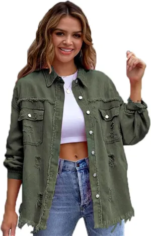 Womens 2024 Denim Long Sleeve Button Jacket,Casual Fashion Denim Jacket Jacket,Ripped Fringe Jean Jacket