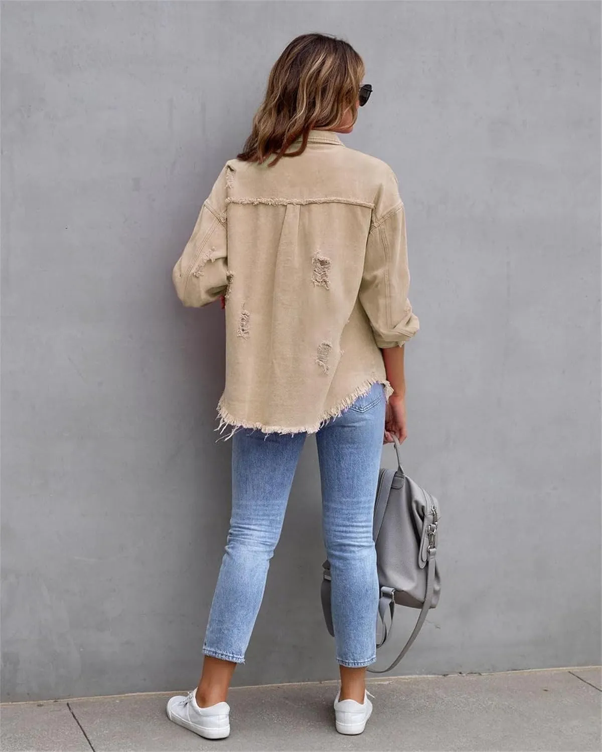 Womens 2024 Denim Long Sleeve Button Jacket,Casual Fashion Denim Jacket Jacket,Ripped Fringe Jean Jacket
