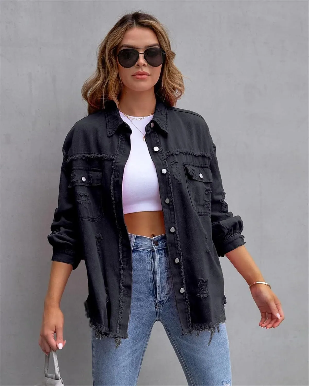 Womens 2024 Denim Long Sleeve Button Jacket,Casual Fashion Denim Jacket Jacket,Ripped Fringe Jean Jacket