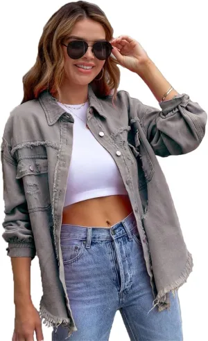Womens 2024 Denim Long Sleeve Button Jacket,Casual Fashion Denim Jacket Jacket,Ripped Fringe Jean Jacket