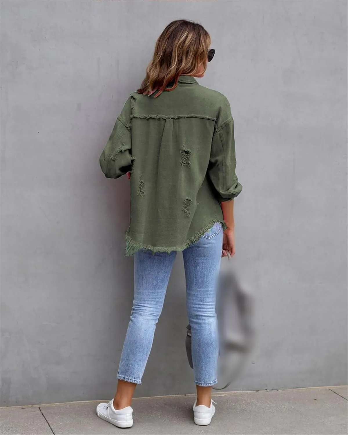 Womens 2024 Denim Long Sleeve Button Jacket,Casual Fashion Denim Jacket Jacket,Ripped Fringe Jean Jacket
