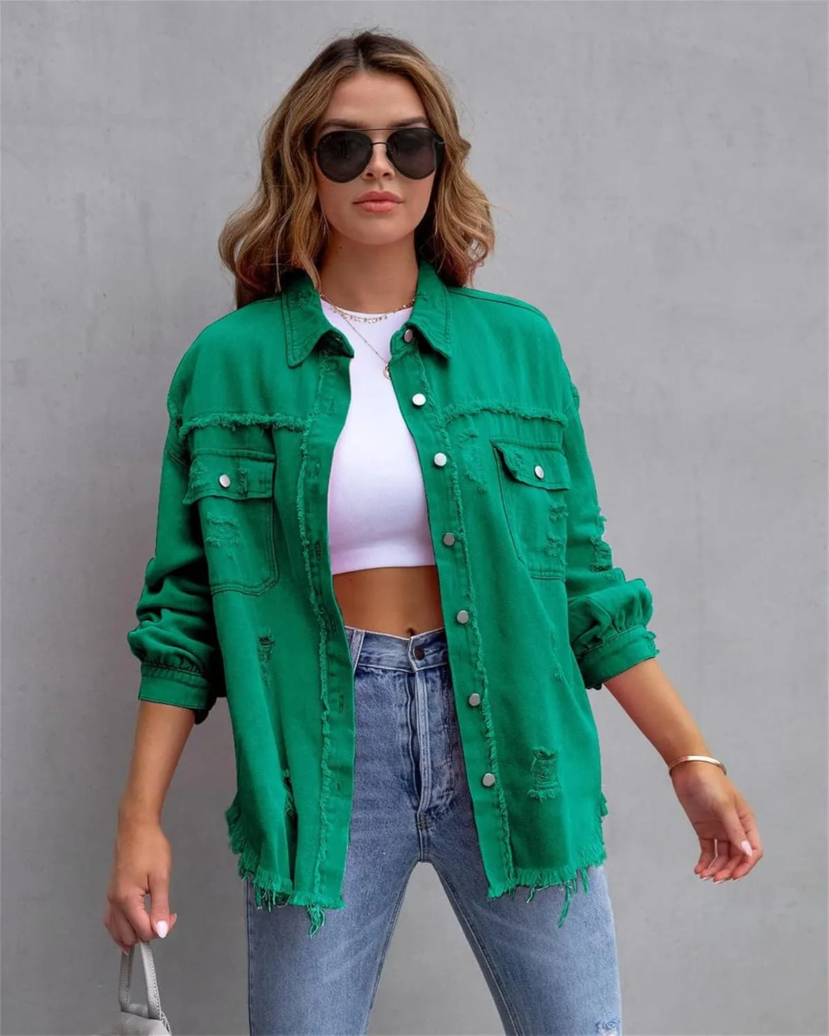 Womens 2024 Denim Long Sleeve Button Jacket,Casual Fashion Denim Jacket Jacket,Ripped Fringe Jean Jacket