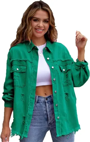 Womens 2024 Denim Long Sleeve Button Jacket,Casual Fashion Denim Jacket Jacket,Ripped Fringe Jean Jacket
