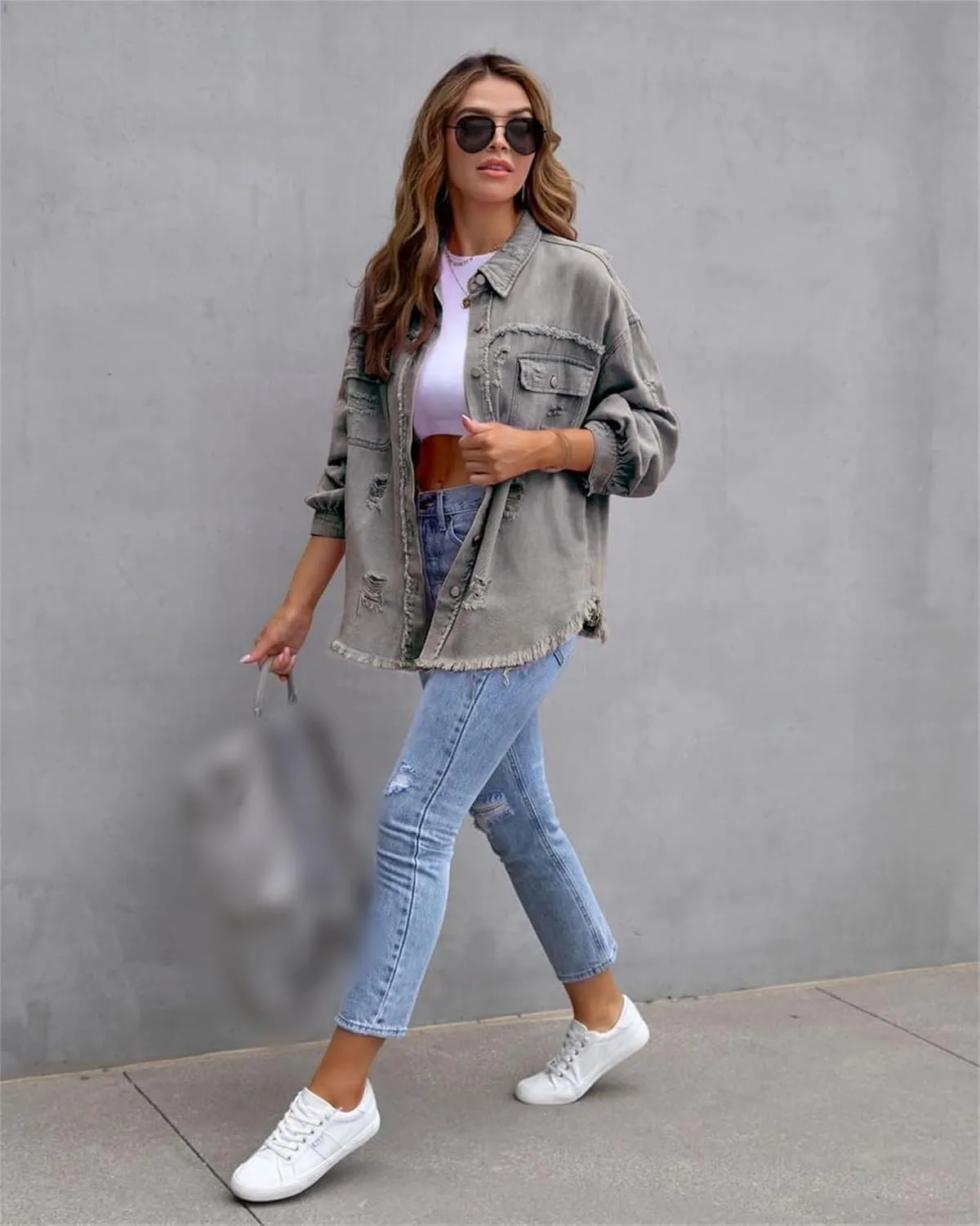 Womens 2024 Denim Long Sleeve Button Jacket,Casual Fashion Denim Jacket Jacket,Ripped Fringe Jean Jacket