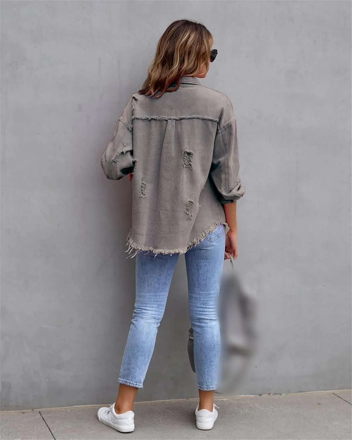 Womens 2024 Denim Long Sleeve Button Jacket,Casual Fashion Denim Jacket Jacket,Ripped Fringe Jean Jacket