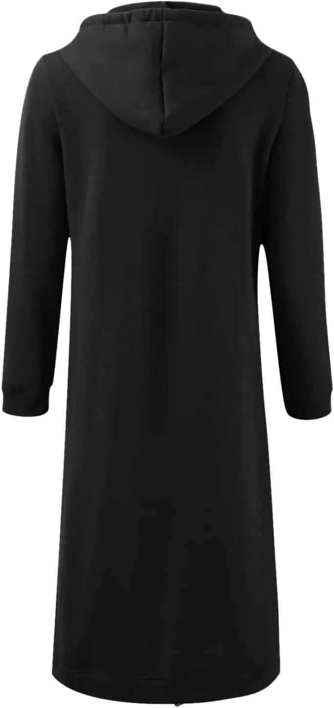 Womens 2024 Elegant Temperament Full Zip Overcoat Long Sleeve Slim Hooded Outwear Drawstring Casual Soft Jacket Coat