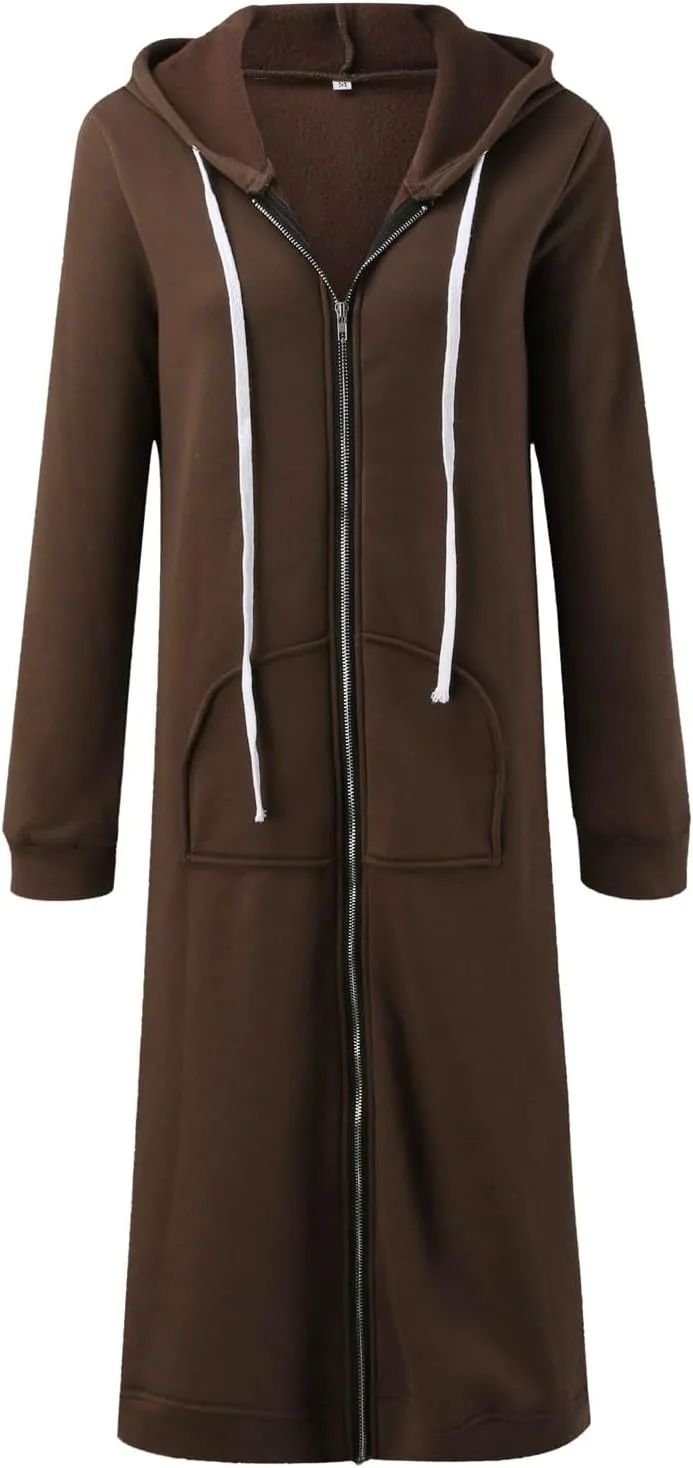 Womens 2024 Elegant Temperament Full Zip Overcoat Long Sleeve Slim Hooded Outwear Drawstring Casual Soft Jacket Coat
