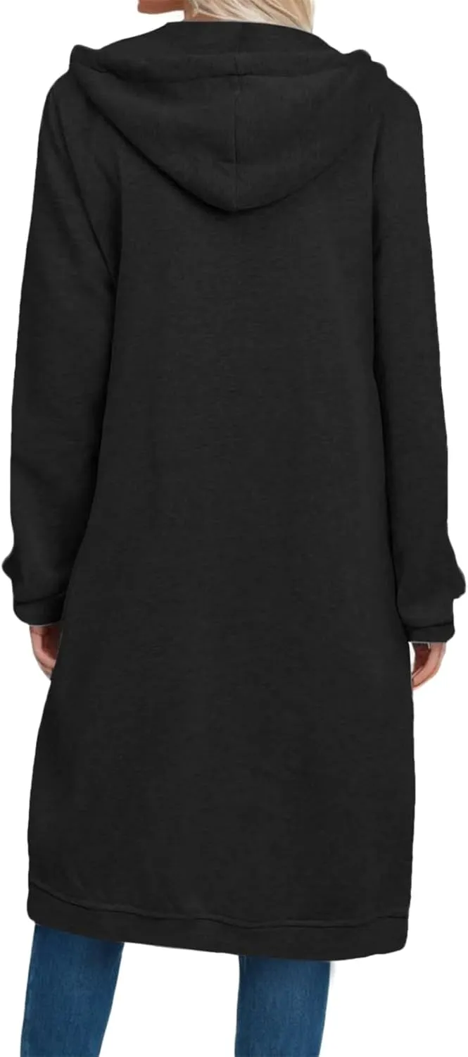 Womens 2024 Elegant Temperament Full Zip Overcoat Long Sleeve Slim Hooded Outwear Drawstring Casual Soft Jacket Coat