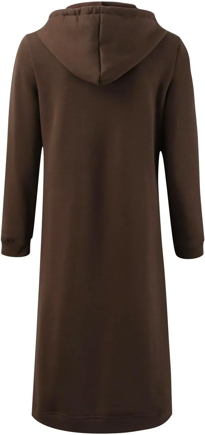 Womens 2024 Elegant Temperament Full Zip Overcoat Long Sleeve Slim Hooded Outwear Drawstring Casual Soft Jacket Coat