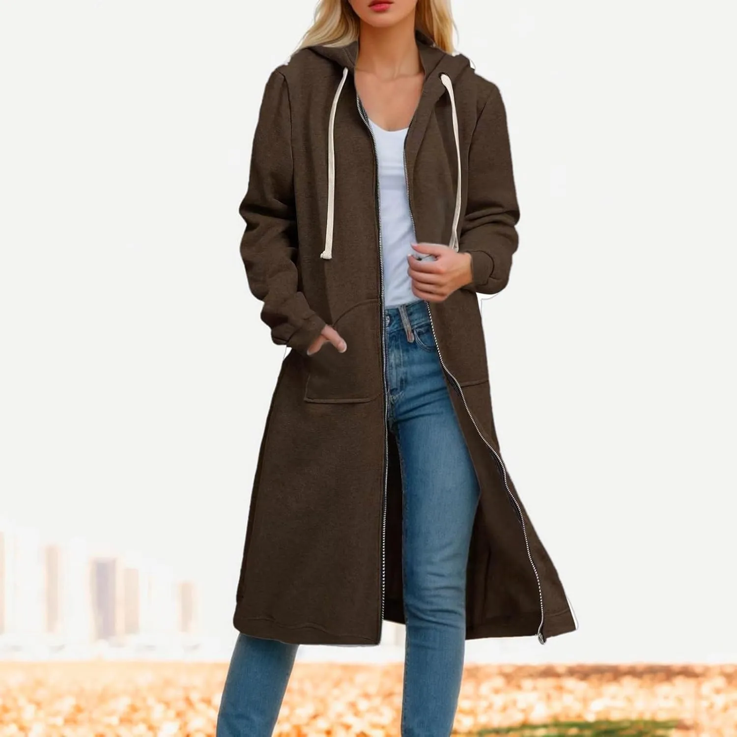 Womens 2024 Elegant Temperament Full Zip Overcoat Long Sleeve Slim Hooded Outwear Drawstring Casual Soft Jacket Coat