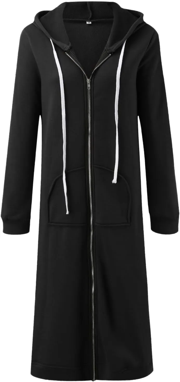Womens 2024 Elegant Temperament Full Zip Overcoat Long Sleeve Slim Hooded Outwear Drawstring Casual Soft Jacket Coat