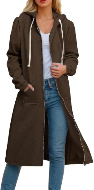 Womens 2024 Elegant Temperament Full Zip Overcoat Long Sleeve Slim Hooded Outwear Drawstring Casual Soft Jacket Coat