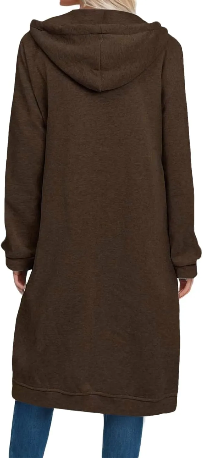 Womens 2024 Elegant Temperament Full Zip Overcoat Long Sleeve Slim Hooded Outwear Drawstring Casual Soft Jacket Coat