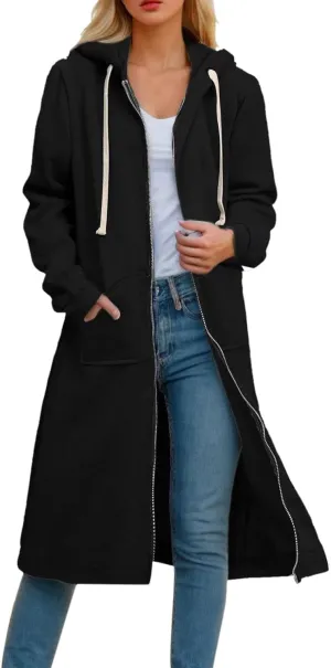 Womens 2024 Elegant Temperament Full Zip Overcoat Long Sleeve Slim Hooded Outwear Drawstring Casual Soft Jacket Coat