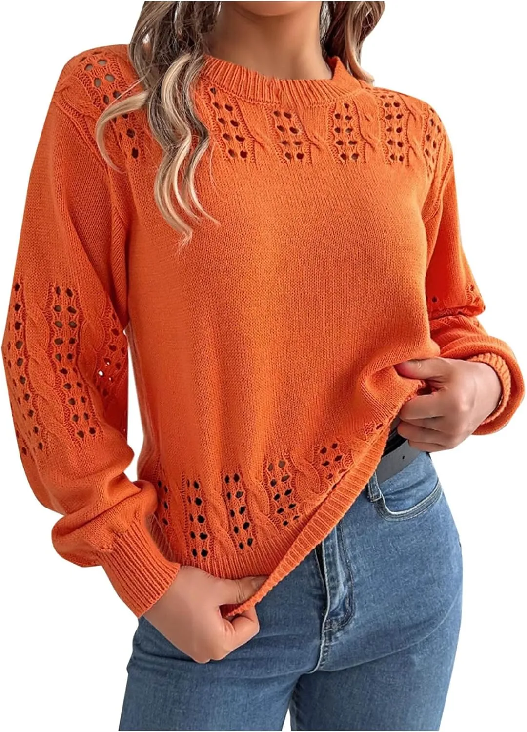 Womens 2024 Fall Sweaters Oversized Crewneck Cable Knit Pullover Crochet Hollow Out Chunky Jumper Casual Tunic Tops