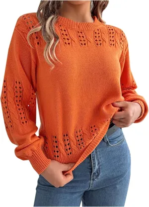 Womens 2024 Fall Sweaters Oversized Crewneck Cable Knit Pullover Crochet Hollow Out Chunky Jumper Casual Tunic Tops