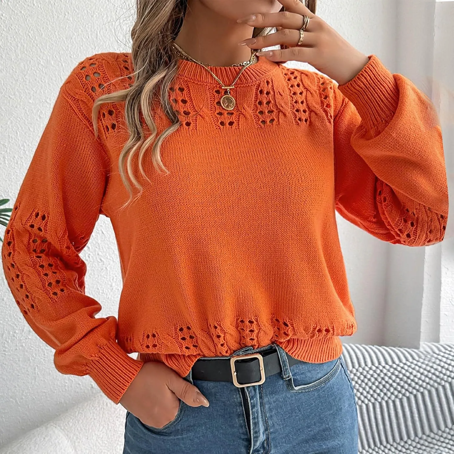 Womens 2024 Fall Sweaters Oversized Crewneck Cable Knit Pullover Crochet Hollow Out Chunky Jumper Casual Tunic Tops