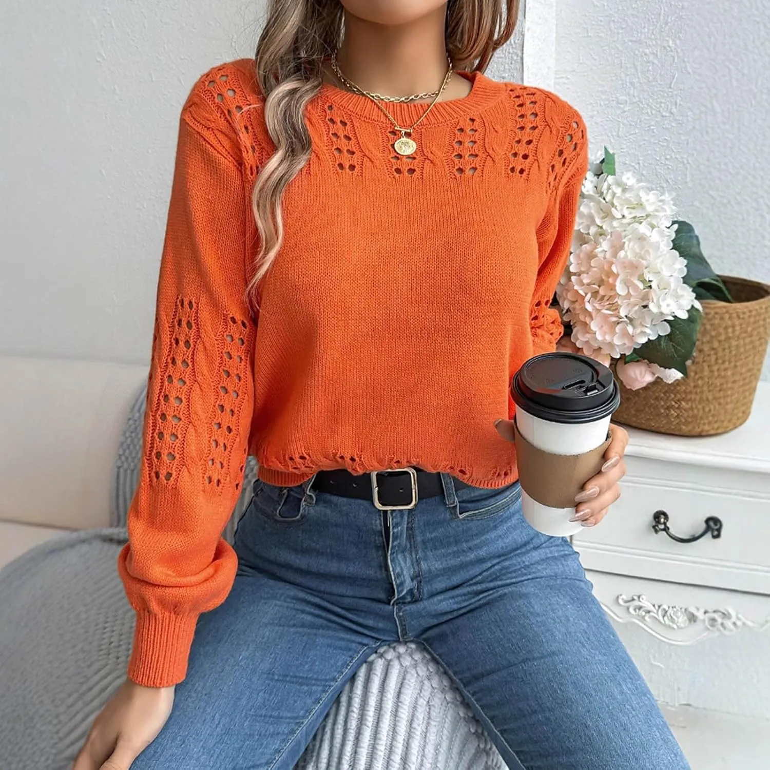 Womens 2024 Fall Sweaters Oversized Crewneck Cable Knit Pullover Crochet Hollow Out Chunky Jumper Casual Tunic Tops