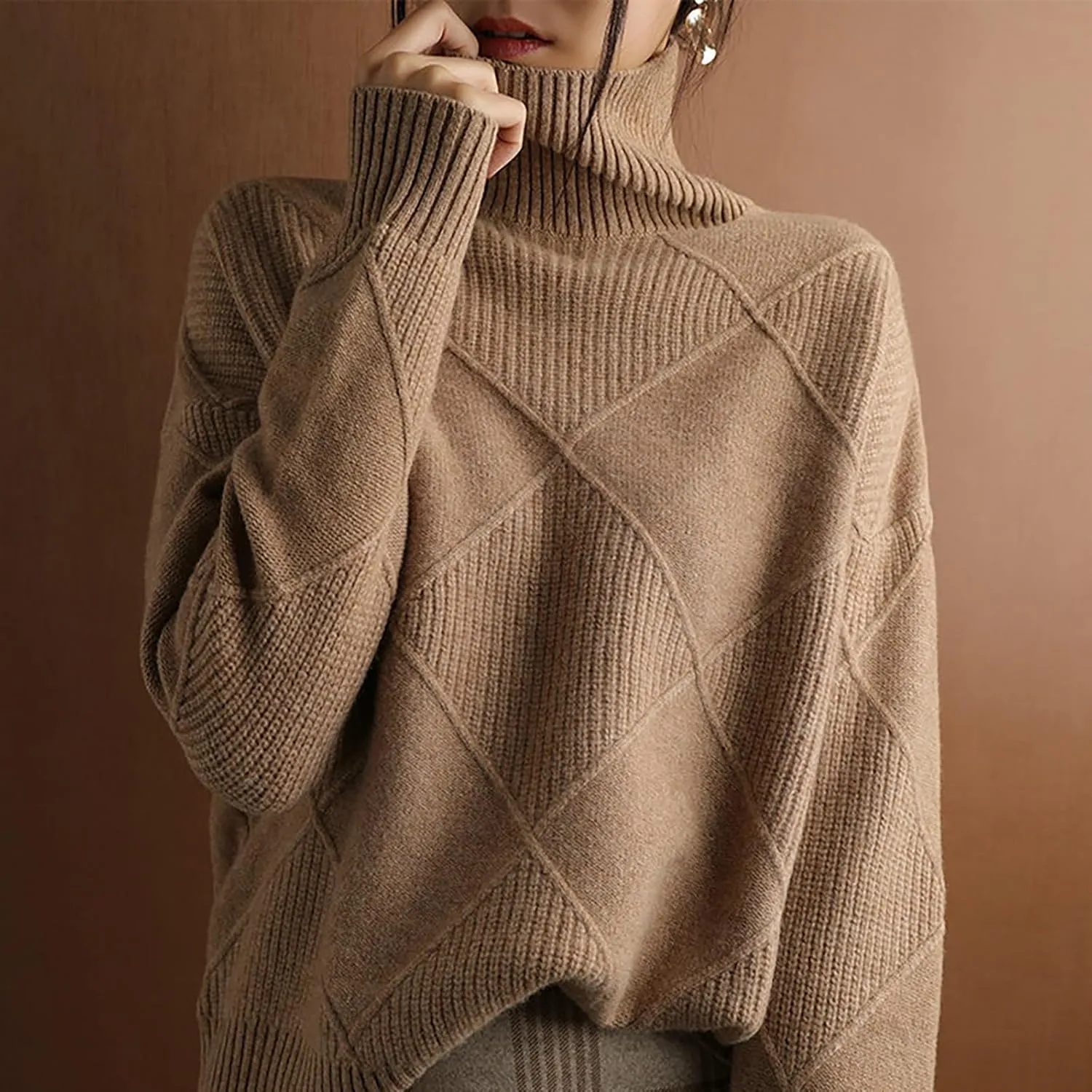 Womens 2024 Fashion Color Block Turtleneck Sweaters Casual Knit Pullover Cozy Long Sleeve Oversized Loose Jumper Tops