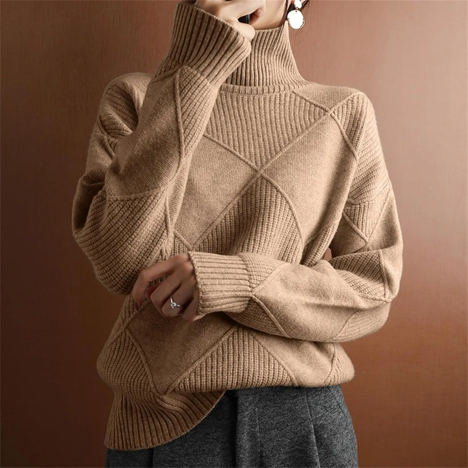 Womens 2024 Fashion Color Block Turtleneck Sweaters Casual Knit Pullover Cozy Long Sleeve Oversized Loose Jumper Tops