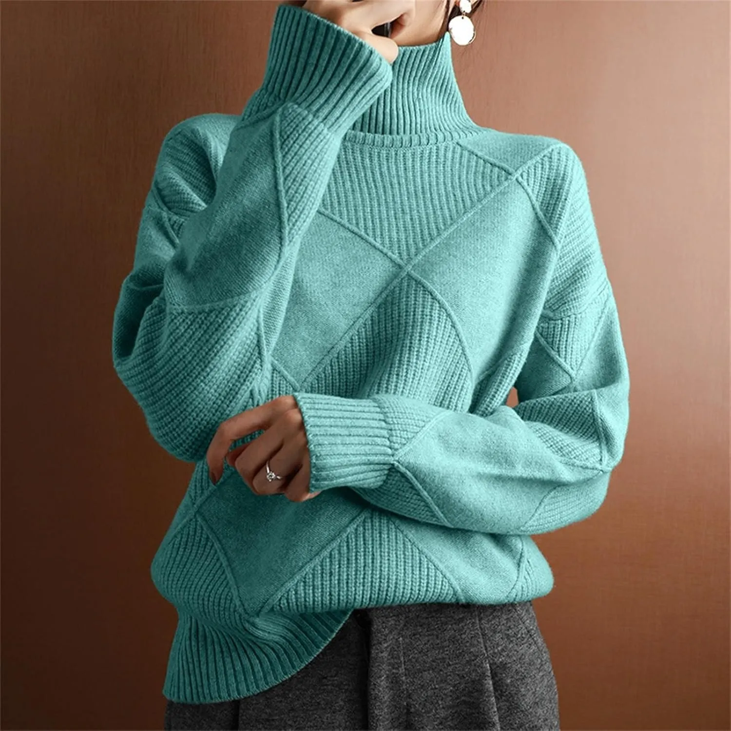 Womens 2024 Fashion Color Block Turtleneck Sweaters Casual Knit Pullover Cozy Long Sleeve Oversized Loose Jumper Tops