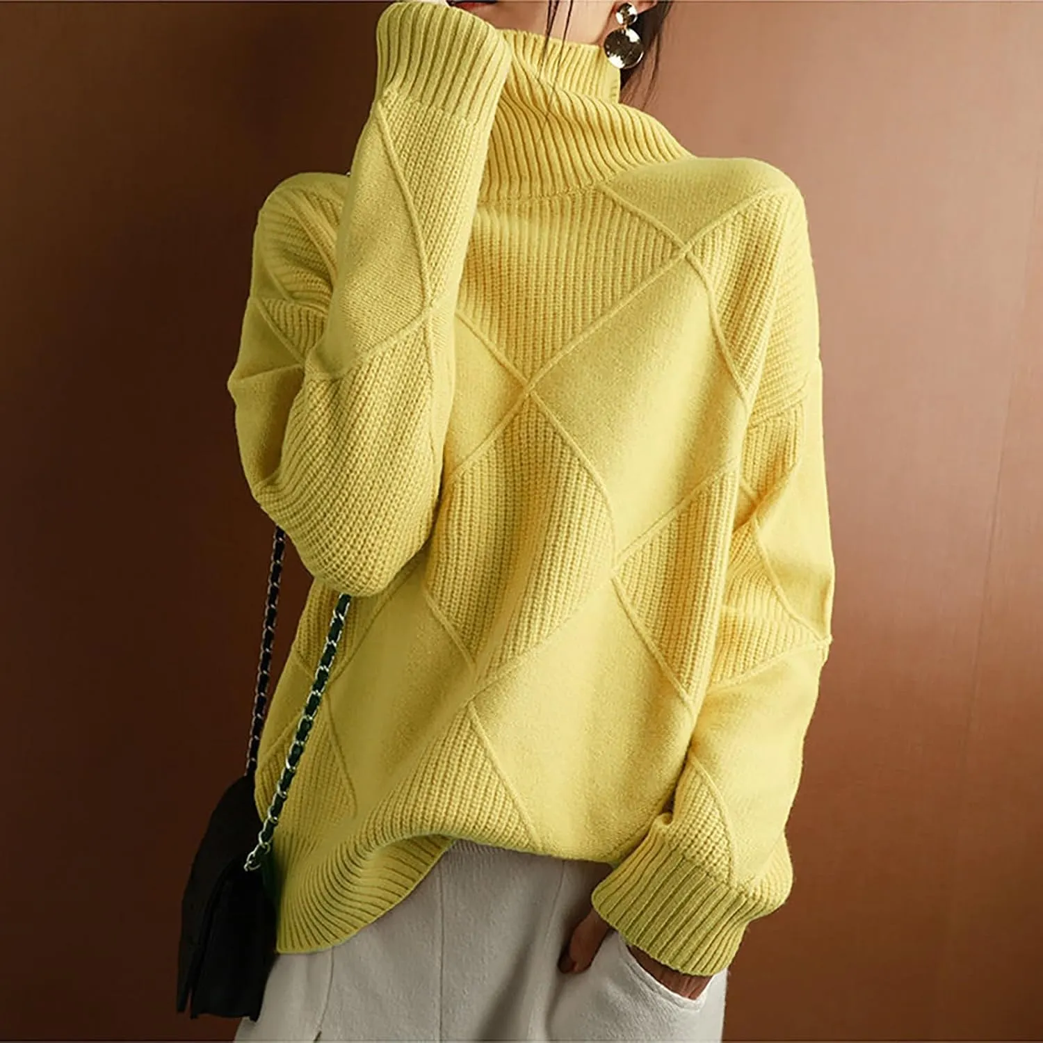 Womens 2024 Fashion Color Block Turtleneck Sweaters Casual Knit Pullover Cozy Long Sleeve Oversized Loose Jumper Tops