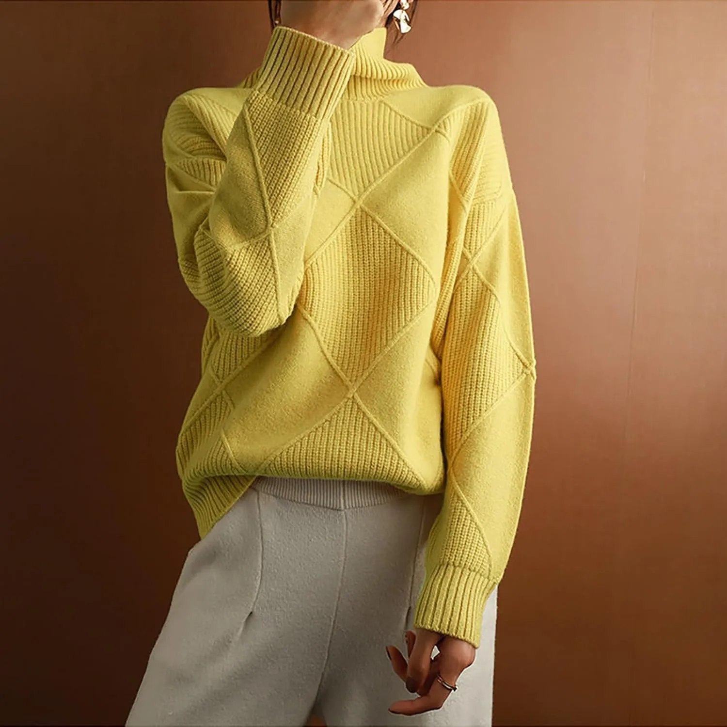 Womens 2024 Fashion Color Block Turtleneck Sweaters Casual Knit Pullover Cozy Long Sleeve Oversized Loose Jumper Tops